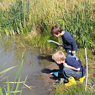 Two boys mucking in the marsh